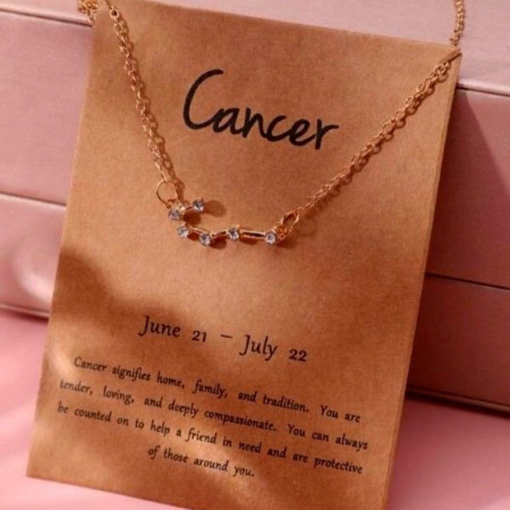 GOLD PLATED DIAMOND CANCER ZODIAC SIGN NECKLACE WITH MEANING CARD